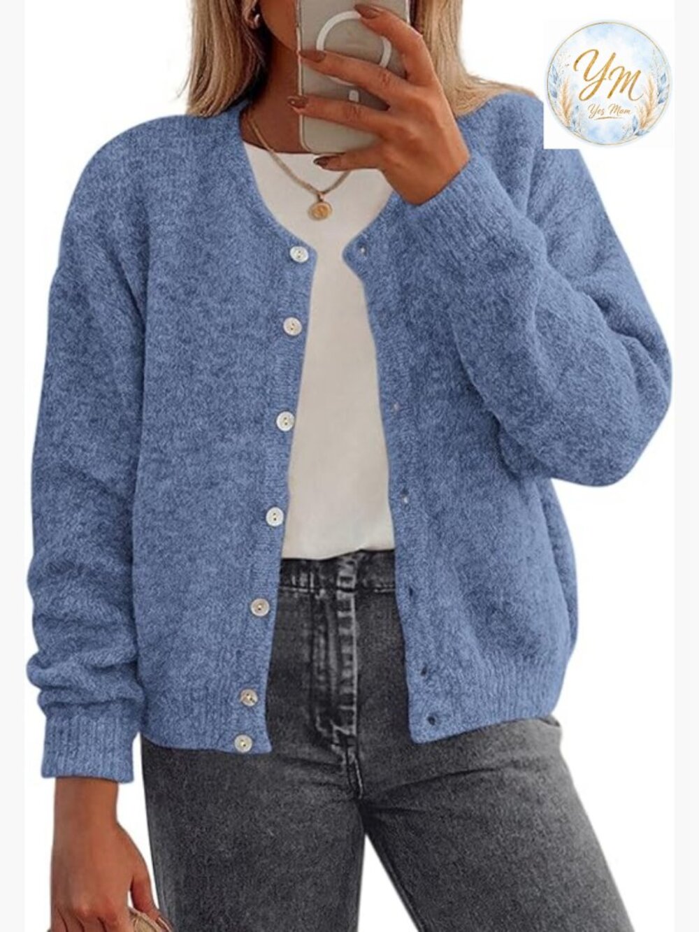 Oversized Button Down Cardigan Sweater Crewneck Long Sleeve Knit Lightweight